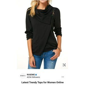 Leather Buckle Black Cowl Neck Top with long sleeves size Medium